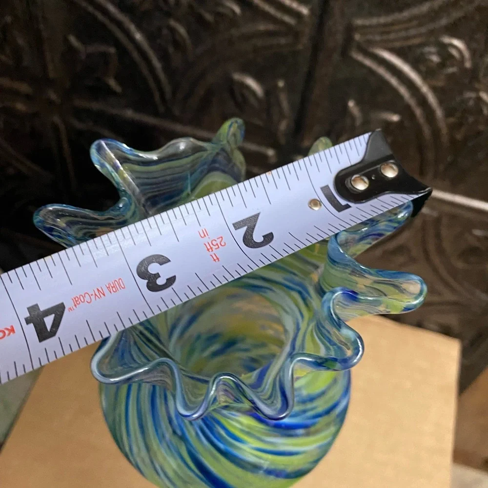 Blue Green swirl‎ ruffle top glass vase